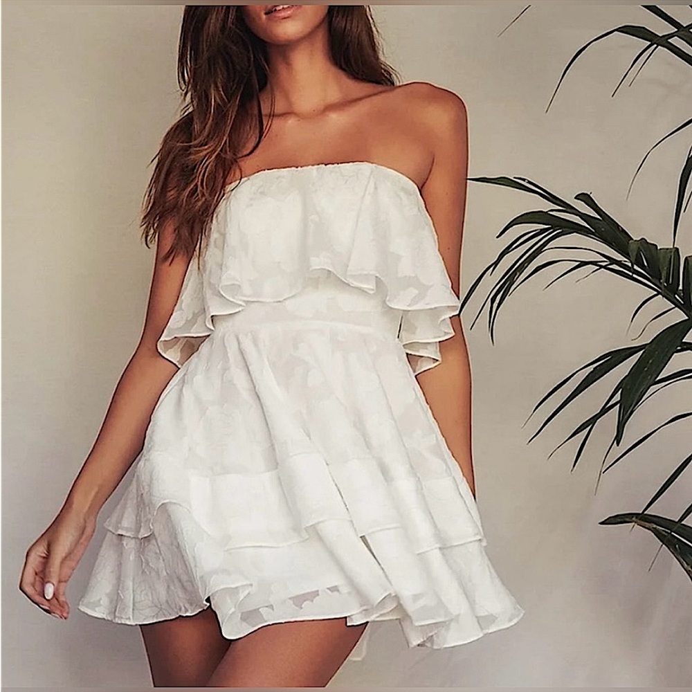 Lulus True Lover White Burnout Floral Ruffled Strapless Mini Dress NWT
